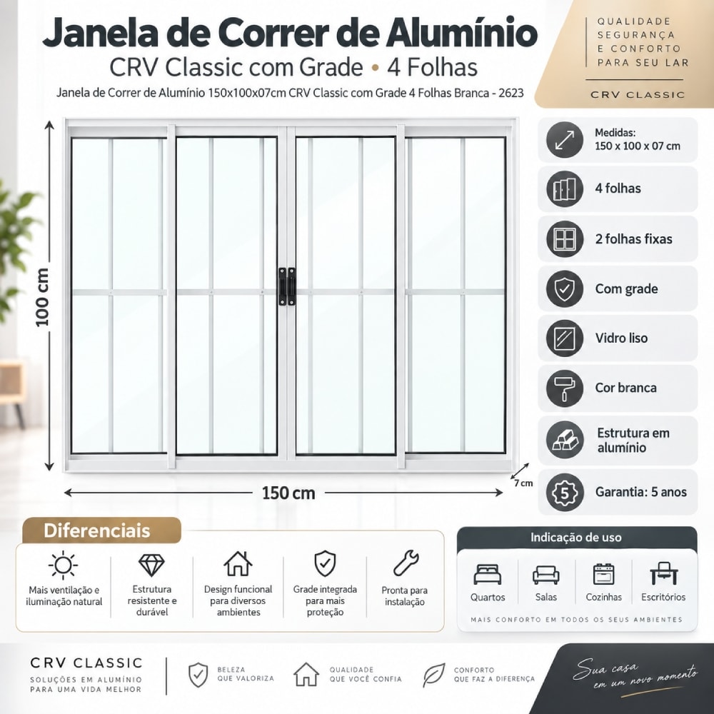 Janela de Correr de Alumínio 150x100x07cm CRV Classic com Grade 4 Folhas Branca - 2623