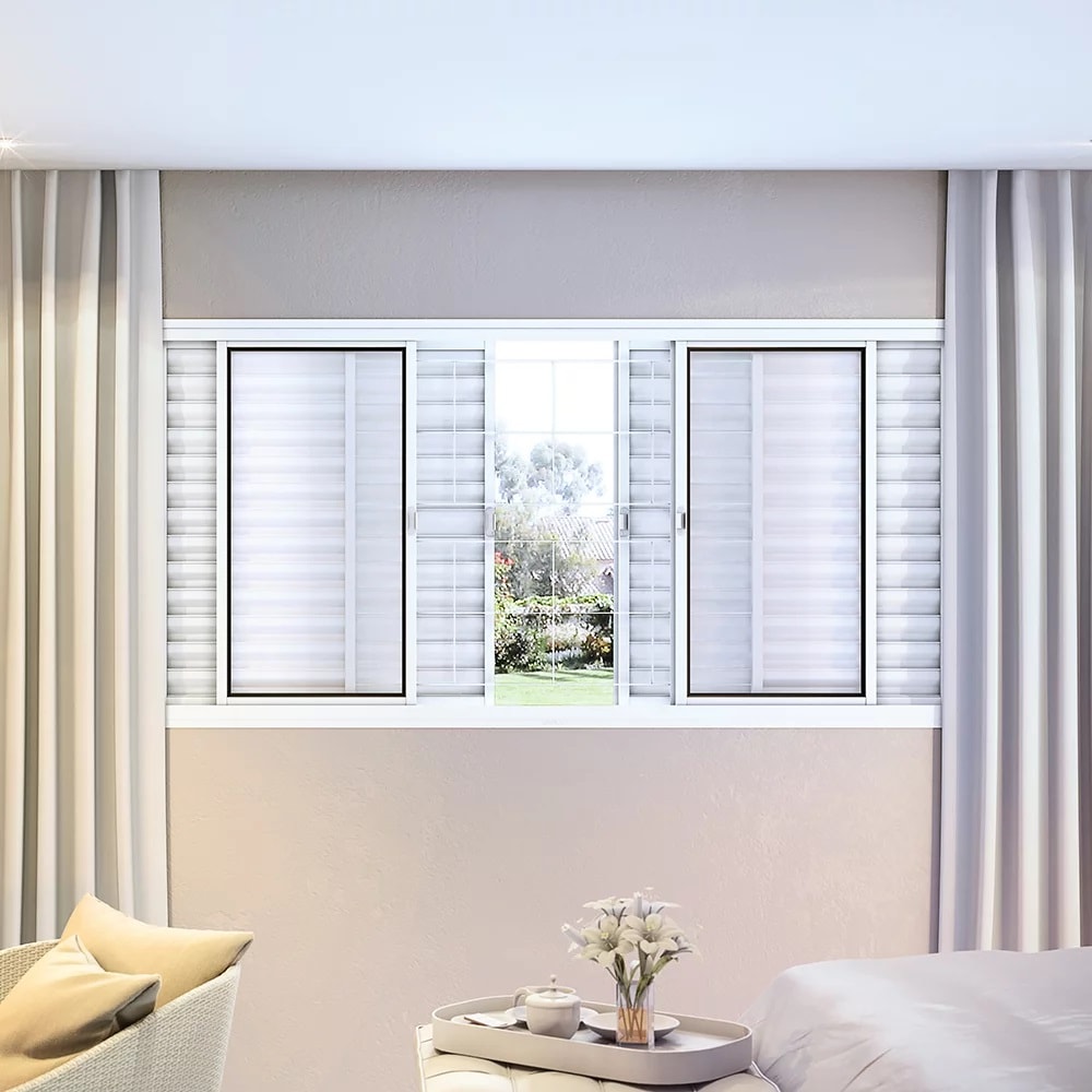 Janela de Correr em Aço 100x150x12cm Lucasa Branco Com Grade Quadrada - 2758.0