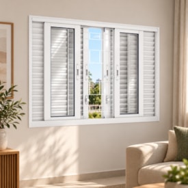 Janela de Correr em Aço 100x150x15.5cm Lucasa Branco Com Grade Quadrada - 2571.0