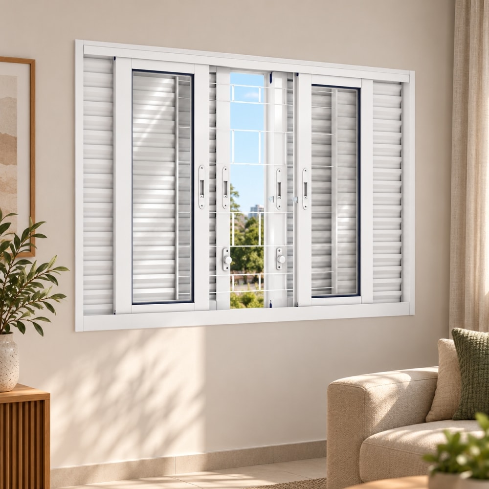 Janela de Correr em Aço 100x200x15.5cm Lucasa Branco Com Grade Quadrada - 2574.0