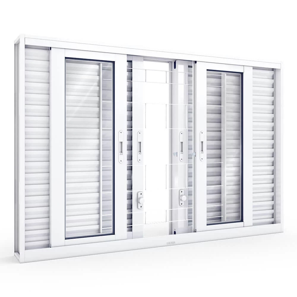 Janela de Correr em Aço 100x200x15.5cm Lucasa Branco Com Grade Quadrada - 2574.0