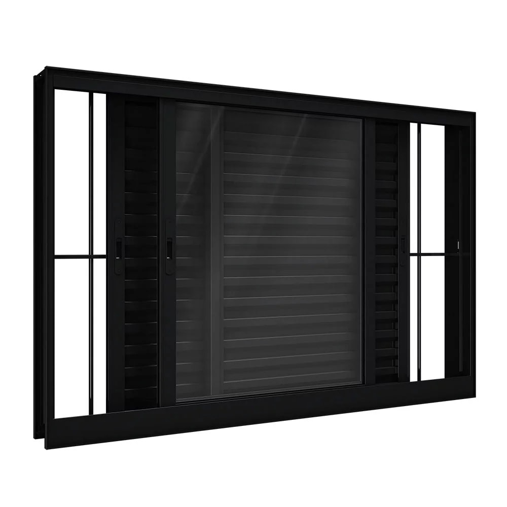 Janela de Correr em Alumínio 100x150x14cm Lucasa Preto 3 Folhas Móveis Com Grade - P9051.0