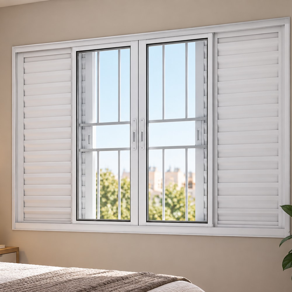 Janela de Correr em Alumínio 100x150x8,7cm Lucasa Branco Com Grade e Fecho Ideale - B-I20018.0