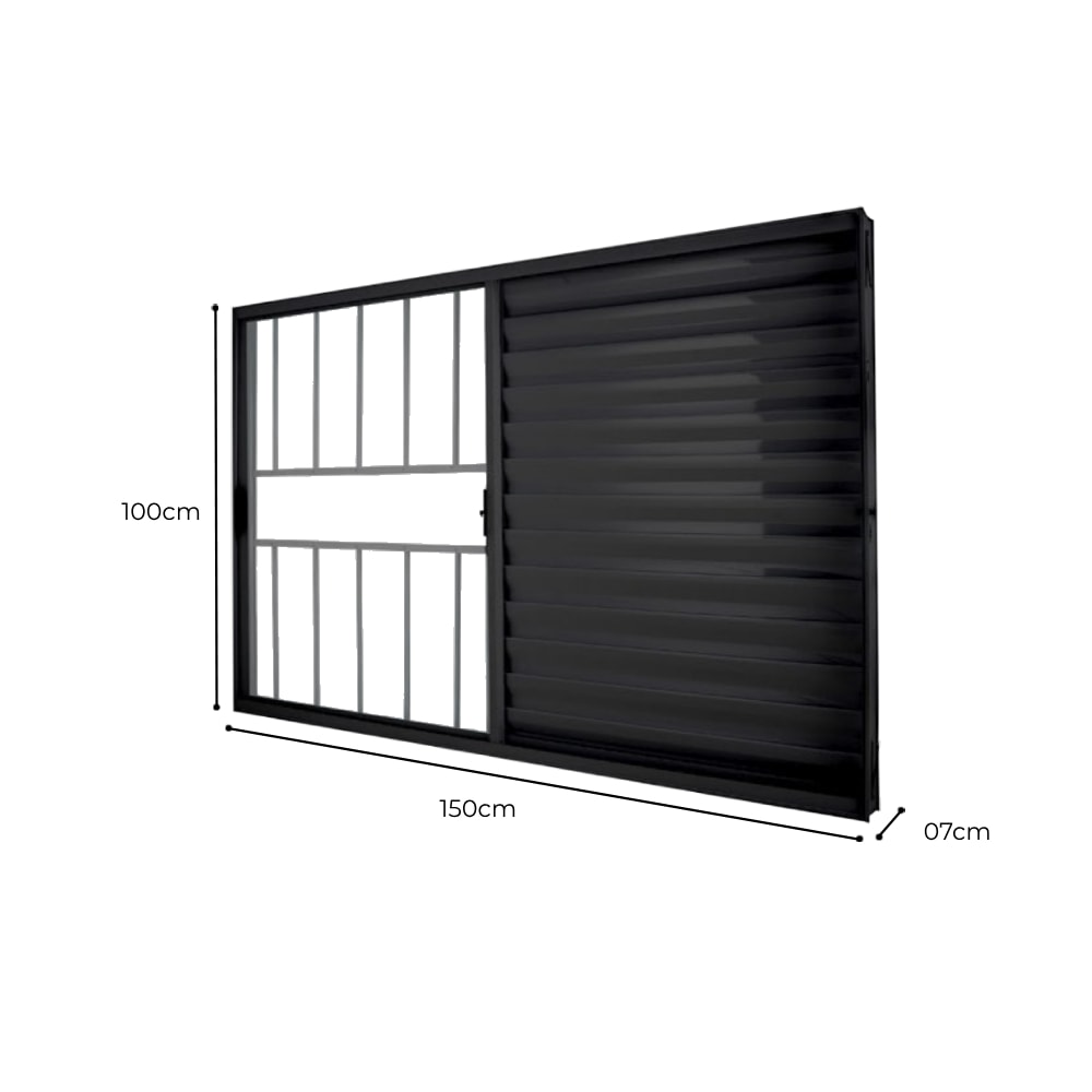 Janela de Correr em Alumínio 150x100x07cm Crv Classic Veneziana 3 Folhas Preta com Grade - P996021