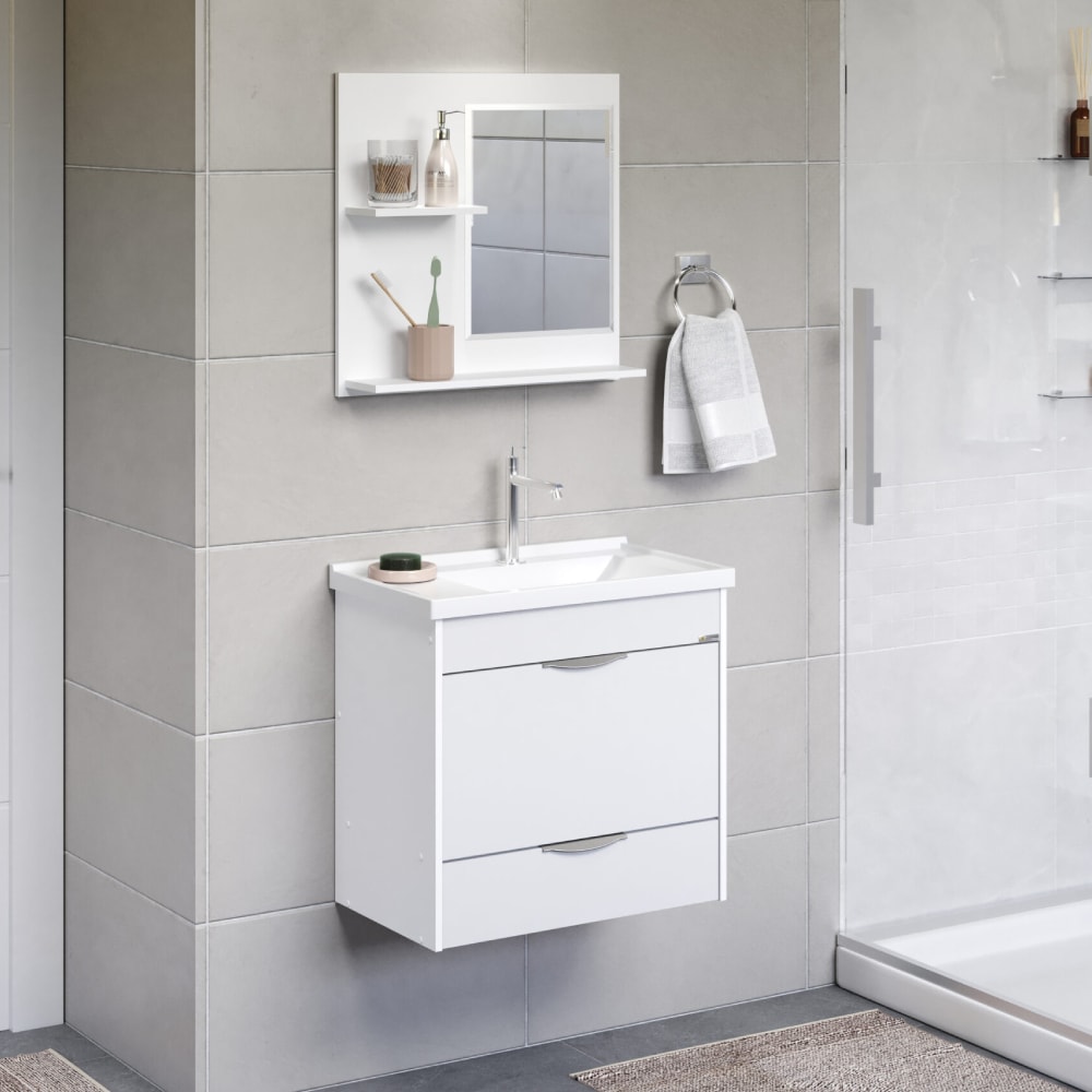 Kit Gabinete para Banheiro A.J.Rorato 55,4cm Roma Suspenso com Espelho e Pia Texturizado Branco - 528441