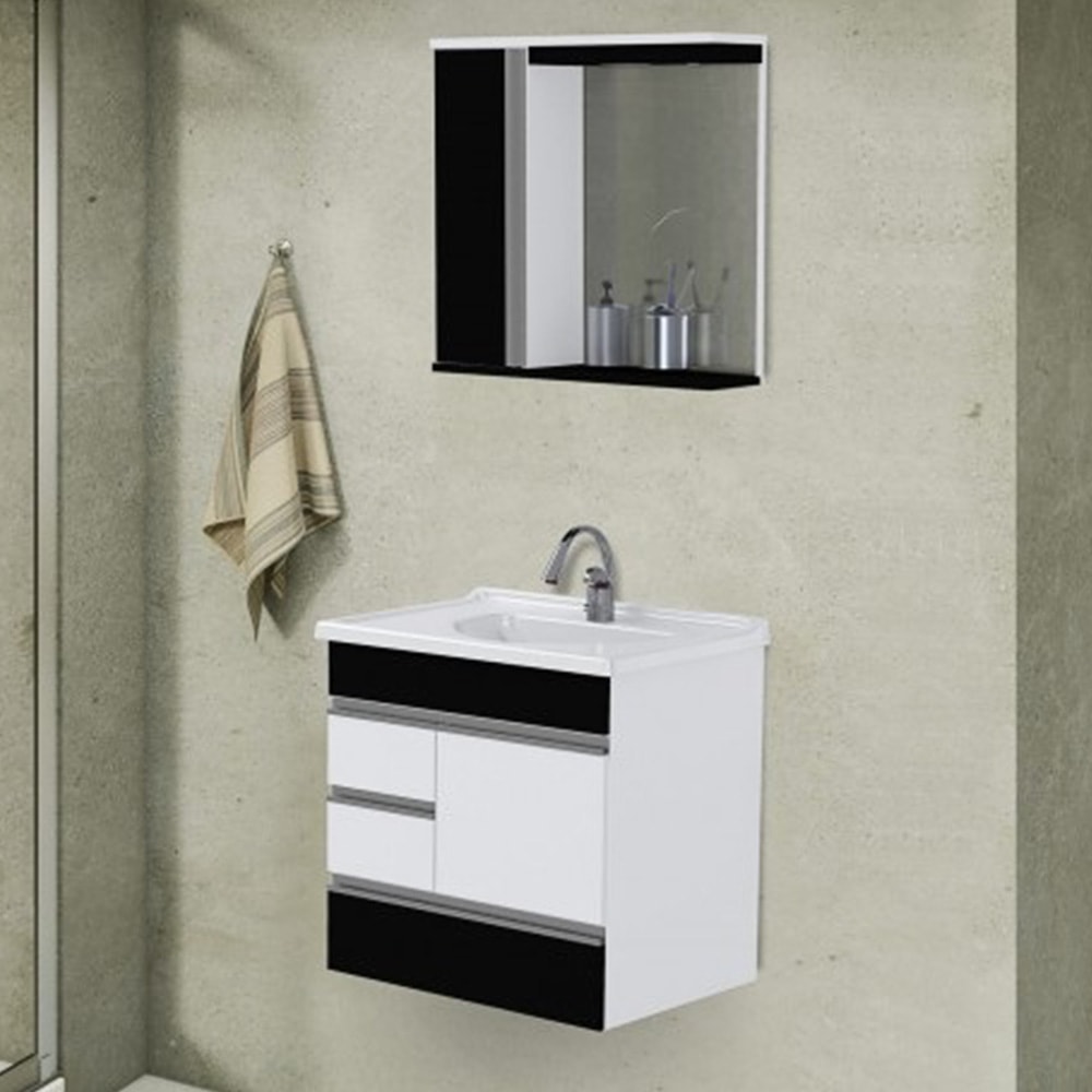 Kit Gabinete para Banheiro A.J.Rorato 59,5cm Modena Suspenso Preto Texturizado - 557842