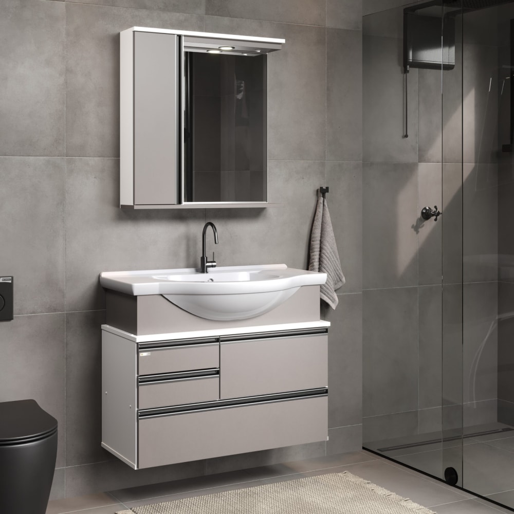 Kit Gabinete para Banheiro A.J.Rorato 83,5cm Firenze Suspenso com Espelho e Pia Gianduia - 574247