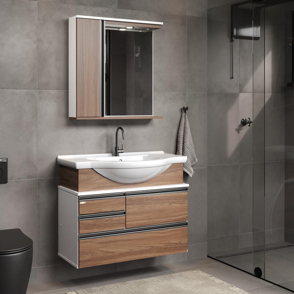 Kit Gabinete para Banheiro A.J.Rorato 83,5cm Firenze Suspenso com Espelho e Pia Nogal Sevilha - 574229