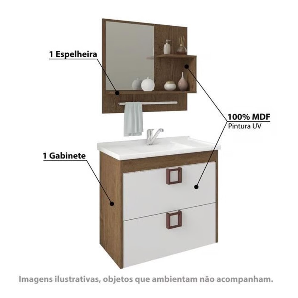 Kit Gabinete para Banheiro com Espelho Lírio Amendoa e Branco - 9941.33