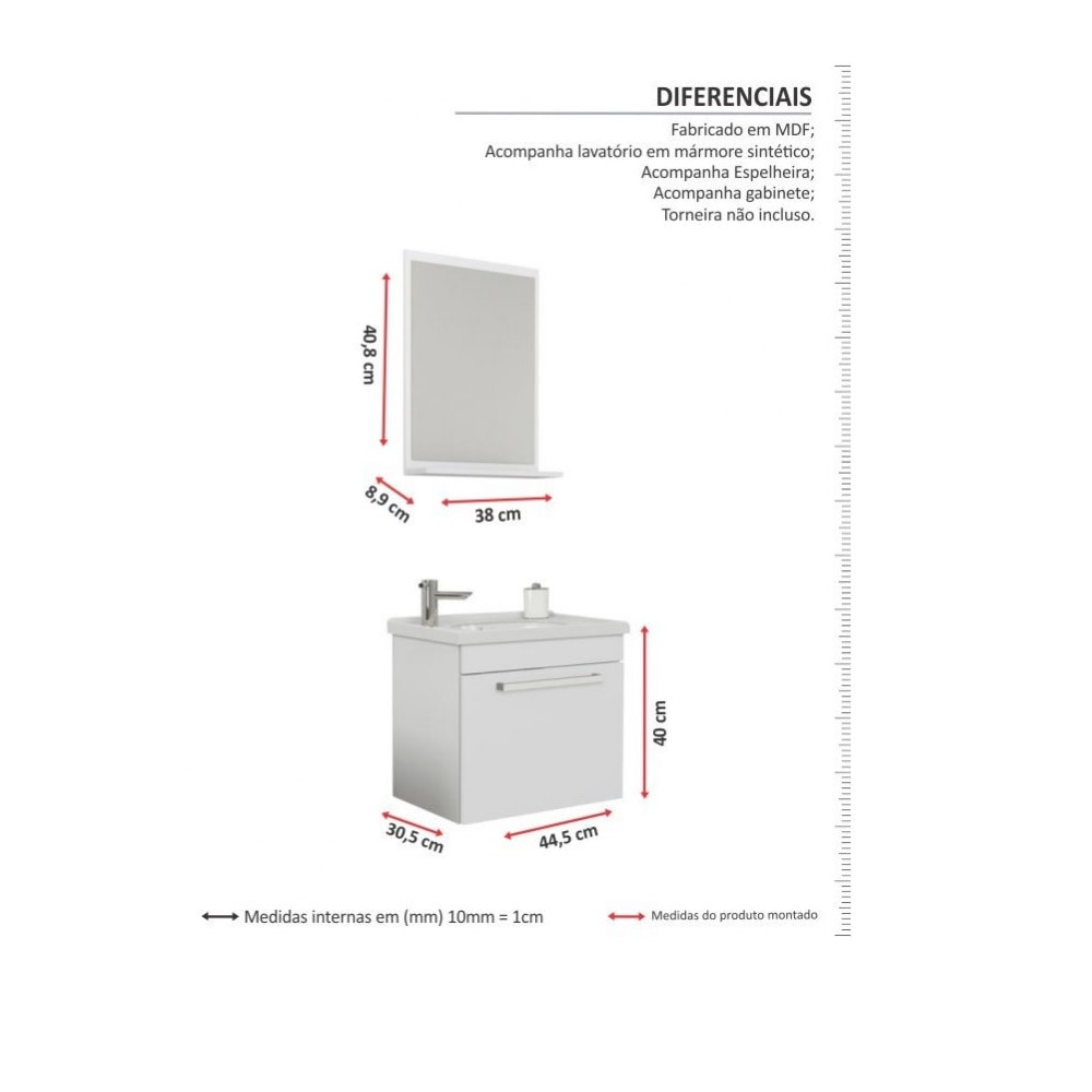 Kit Gabinete para Banheiro Cozimax Ágata 45cm Branco - 87230