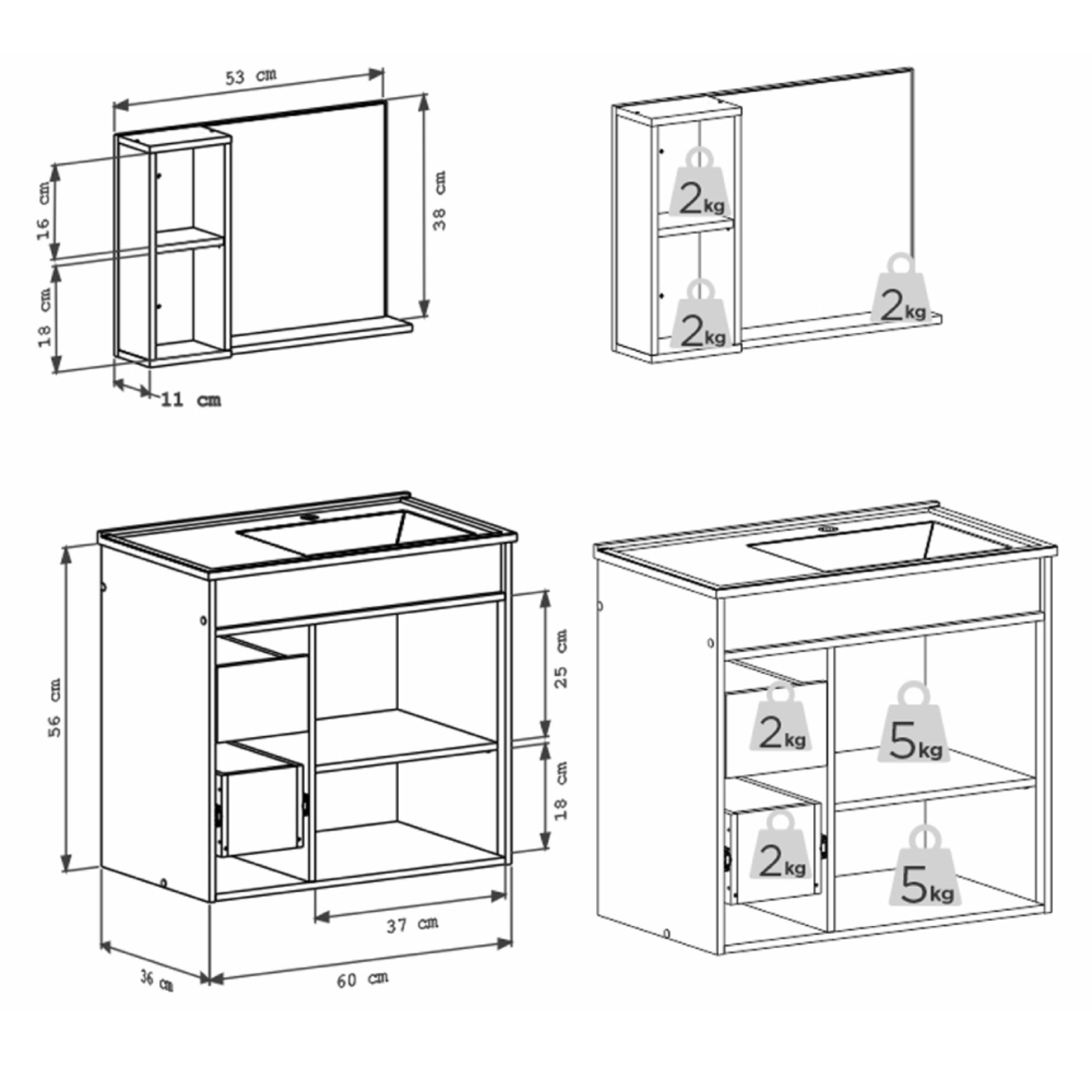 Kit Gabinete para Banheiro Espelheira e Lavatório Camomila Cozimax Jequitiba/Areia e Branco 60cm - P102996