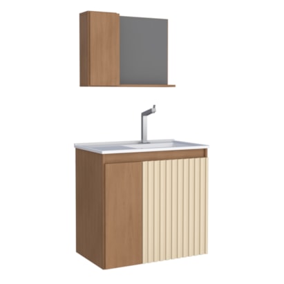Kit Gabinete para Banheiro Espelheira e Lavatório Camomila Cozimax Jequitiba/Areia e Branco 60cm - P102996