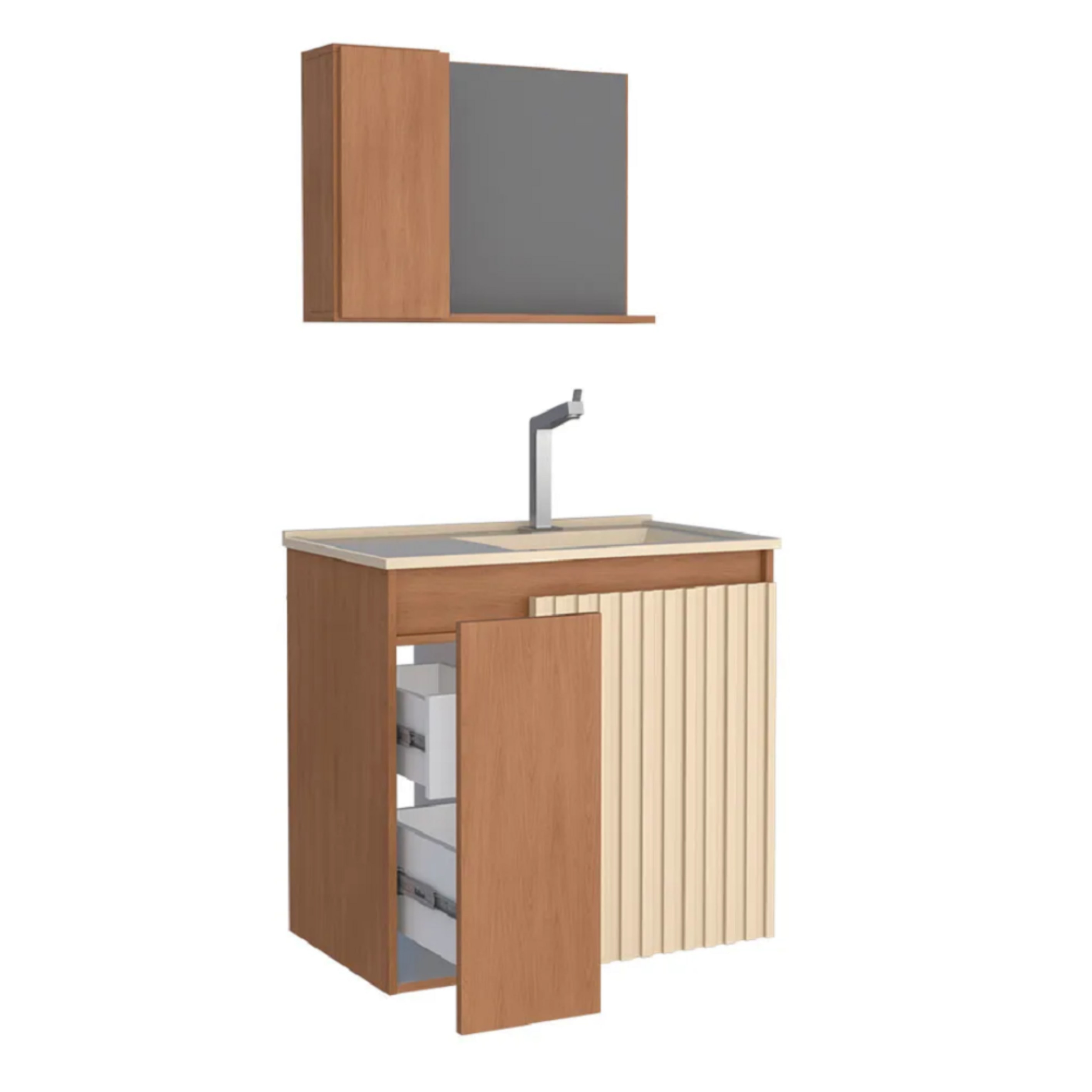 Kit Gabinete para Banheiro Espelheira e Lavatório Camomila Cozimax Jequitiba/Areia e Branco 60cm - P102996