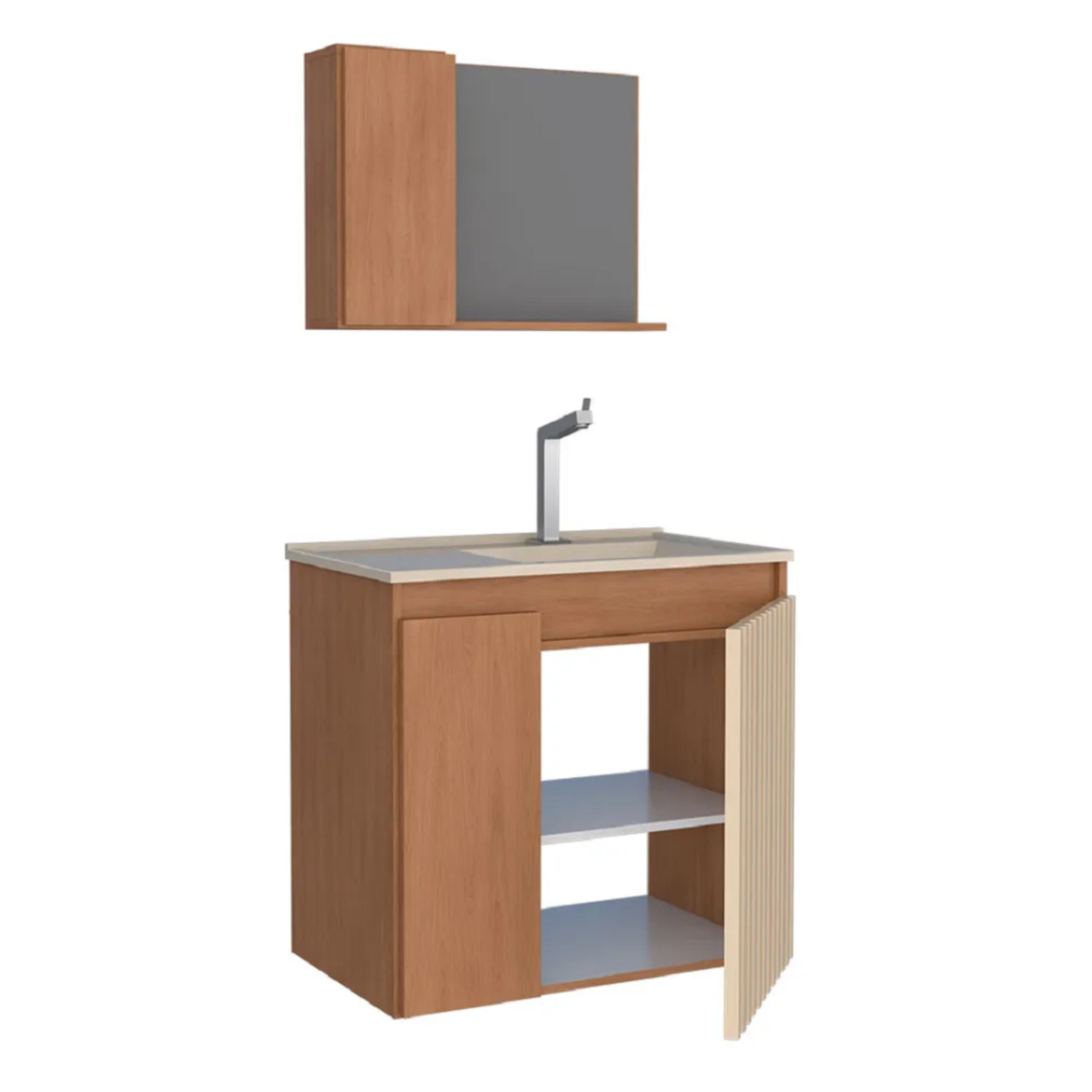 Kit Gabinete para Banheiro Espelheira e Lavatório Camomila Cozimax Jequitiba/Areia e Branco 60cm - P102996