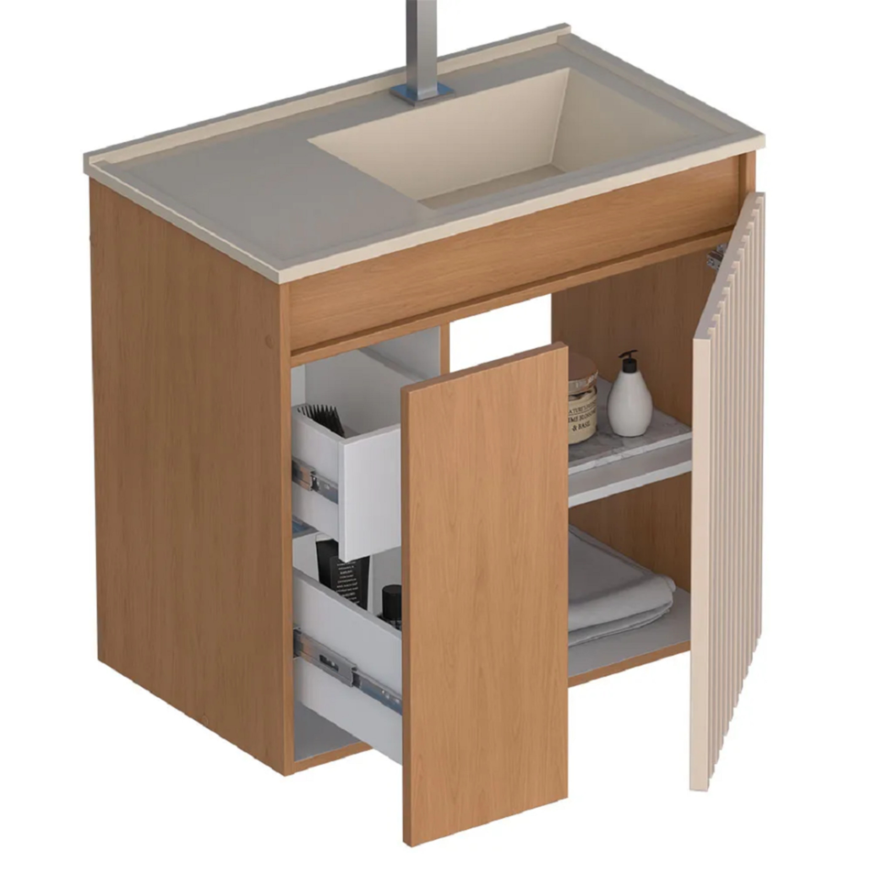 Kit Gabinete para Banheiro Espelheira e Lavatório Camomila Cozimax Jequitiba/Areia e Branco 60cm - P102996