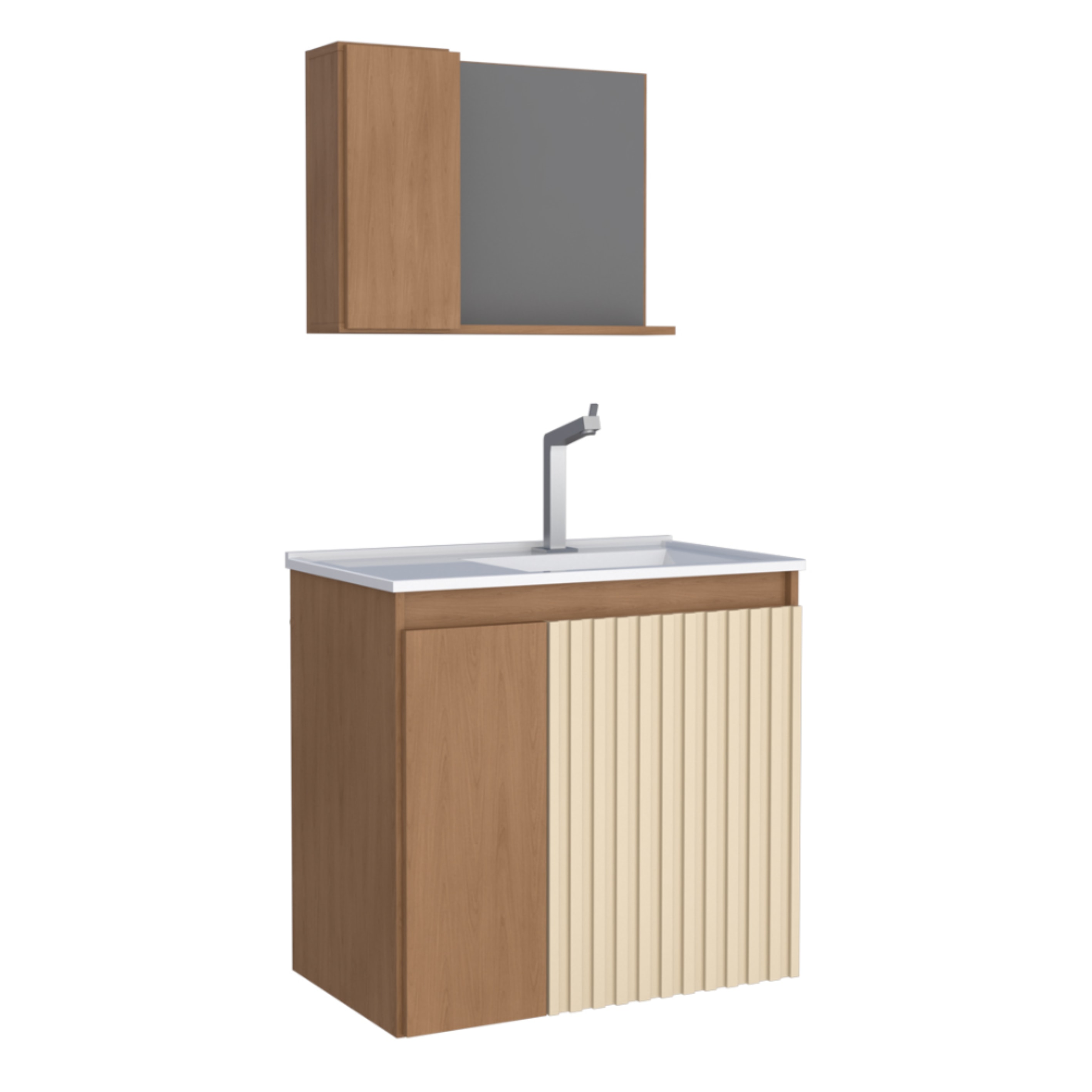 Kit Gabinete para Banheiro Espelheira e Lavatório Camomila Cozimax Jequitiba/Areia e Branco 60cm - P102996
