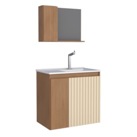 Kit Gabinete para Banheiro Espelheira e Lavatório Camomila Cozimax Jequitiba/Areia e Branco 60cm - P102996