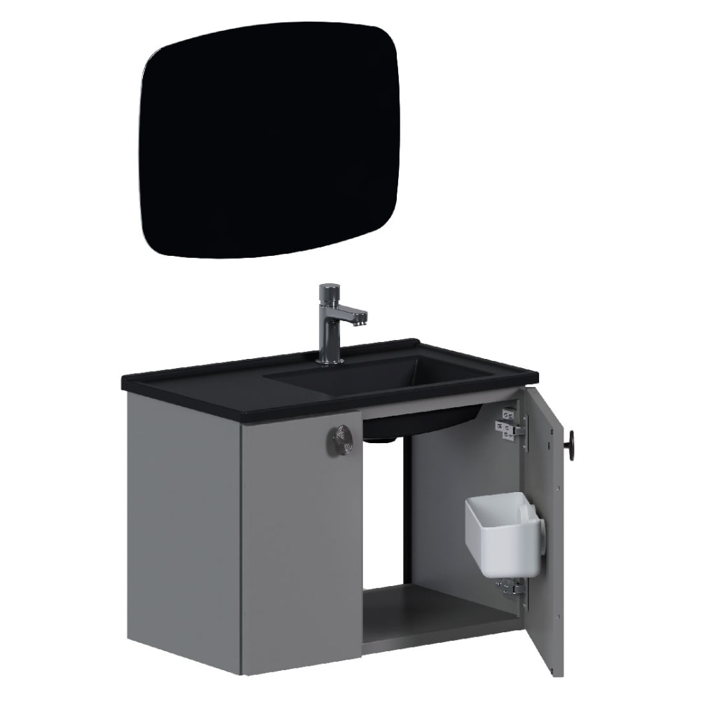 Kit Gabinete Para Banheiro Espelheira E Lavatório Taruma Cozimax Preto Fosco 60cm - 103463