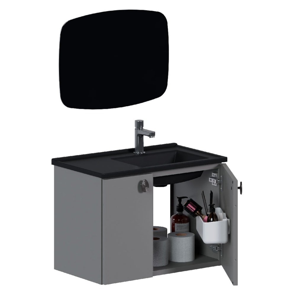 Kit Gabinete Para Banheiro Espelheira E Lavatório Taruma Cozimax Preto Fosco 60cm - 103463