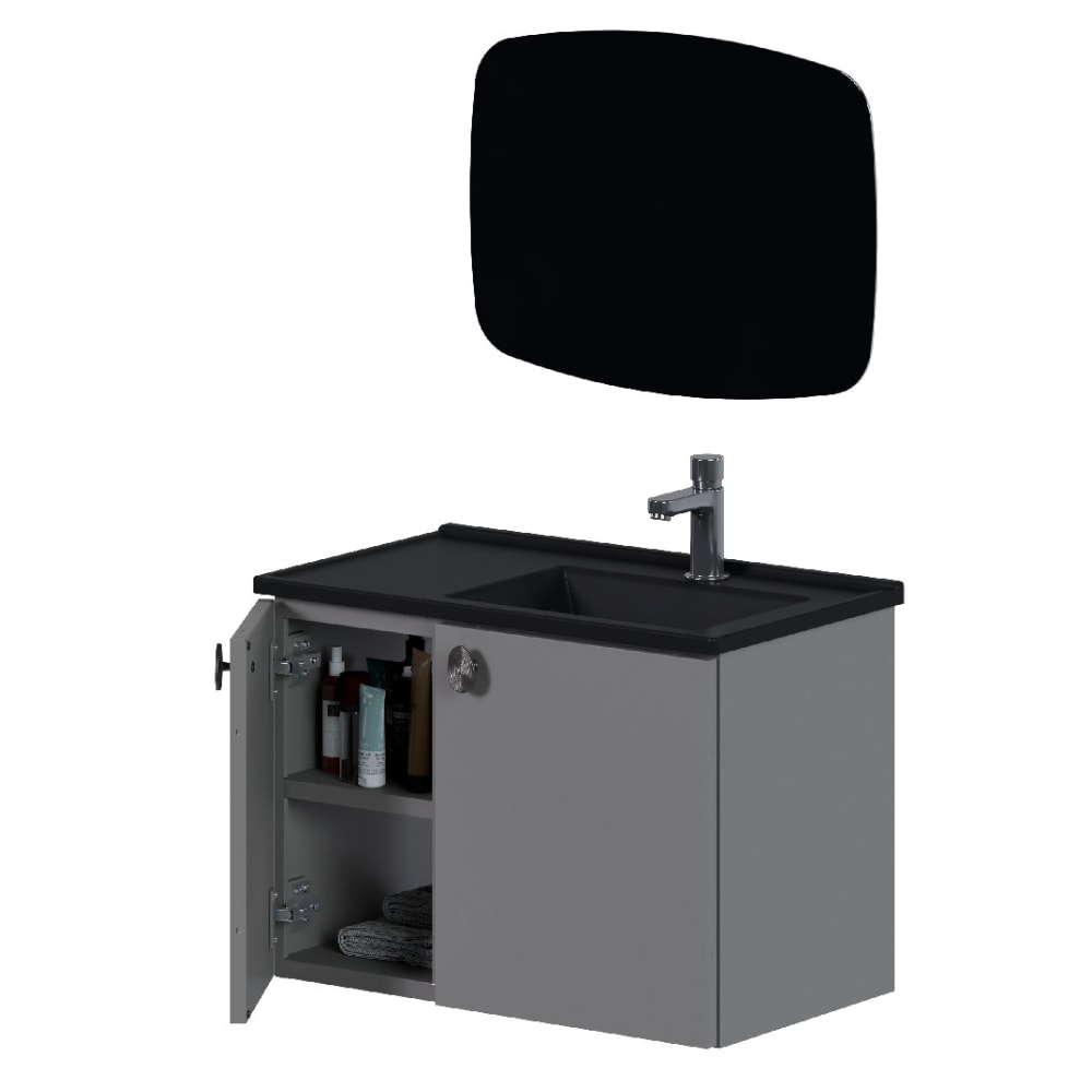 Kit Gabinete Para Banheiro Espelheira E Lavatório Taruma Cozimax Preto Fosco 60cm - 103463