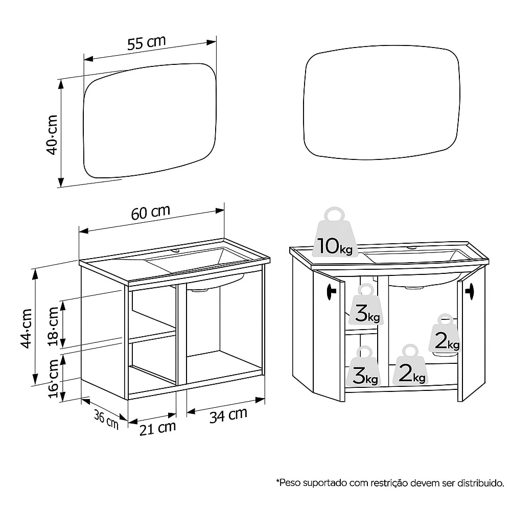 Kit Gabinete Para Banheiro Espelheira E Lavatório Taruma Cozimax Preto Fosco 60cm - 103463
