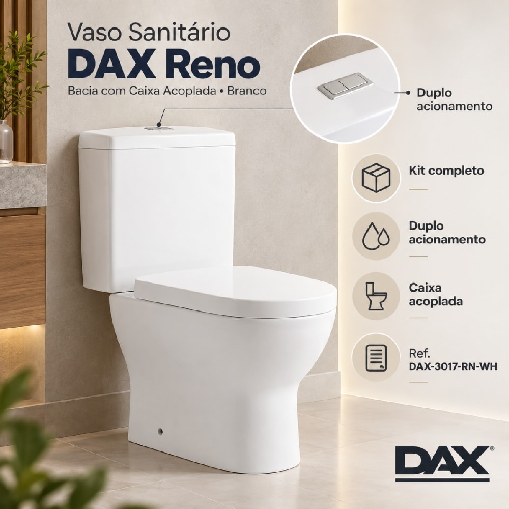 Kit Vaso Sanitário Bacia com Caixa Acoplada Dax Reno Branco - DAX-3017-RN-WH