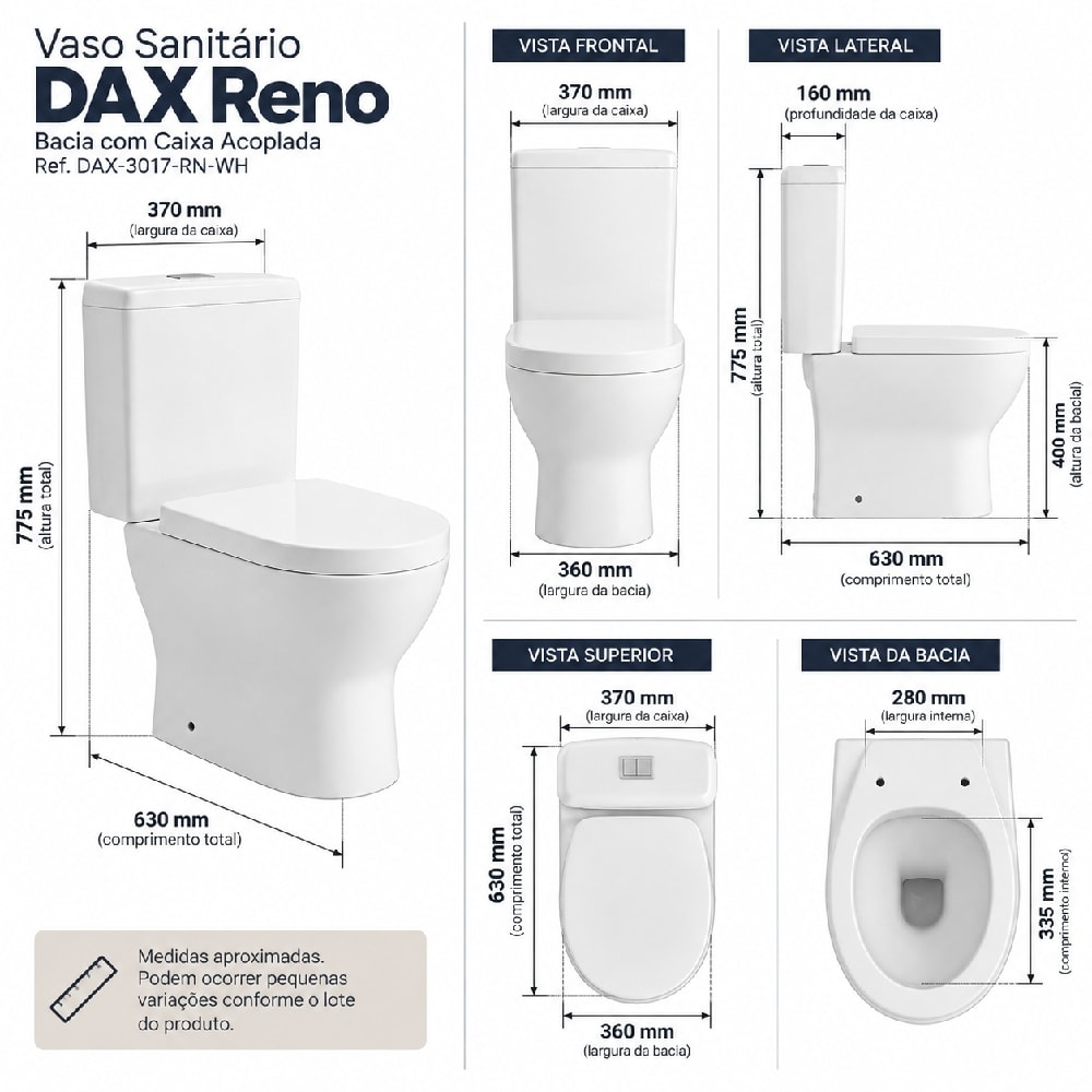 Kit Vaso Sanitário Bacia com Caixa Acoplada Dax Reno Branco - DAX-3017-RN-WH