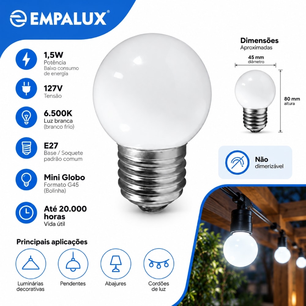 Lâmpada LED Bolinha Mini Globo Empalux 1,5W 6500K E27 127V - MG10162