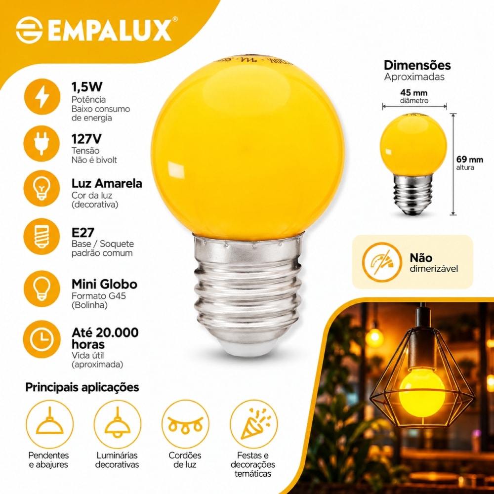 Lâmpada LED Bolinha Mini Globo Empalux 1,5W Amarela E27 127V - MG10112