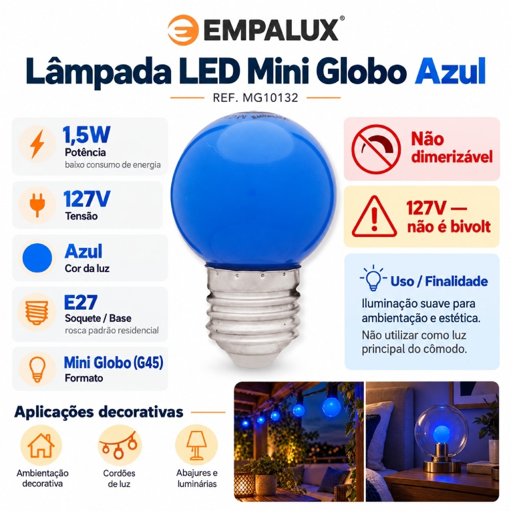 Lâmpada LED Bolinha Mini Globo Empalux 1,5W Azul E27 127V - MG10132