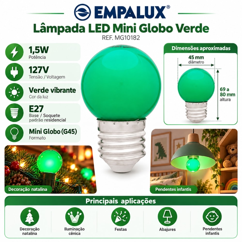 Lâmpada LED Bolinha Mini Globo Empalux 1,5W Verde E27 127V - MG10182