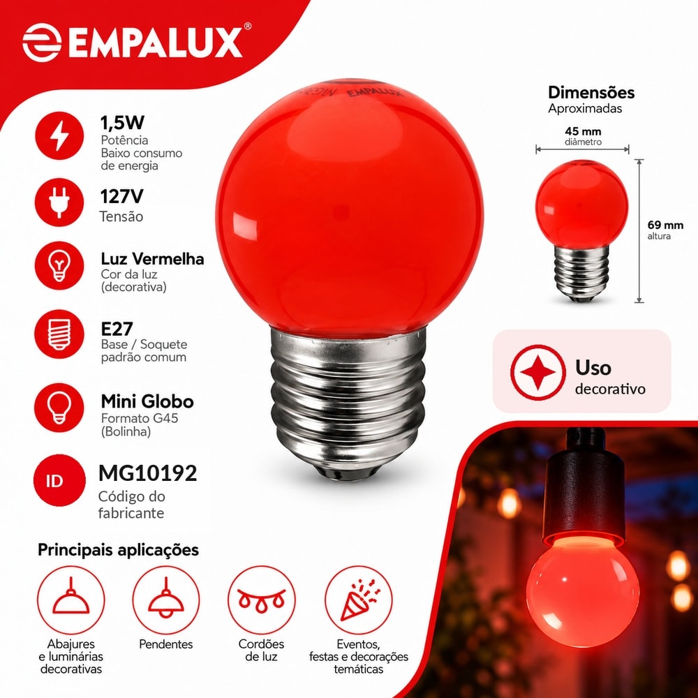 Lâmpada LED Bolinha Mini Globo Empalux 1,5W Vermelha E27 127V - MG10192