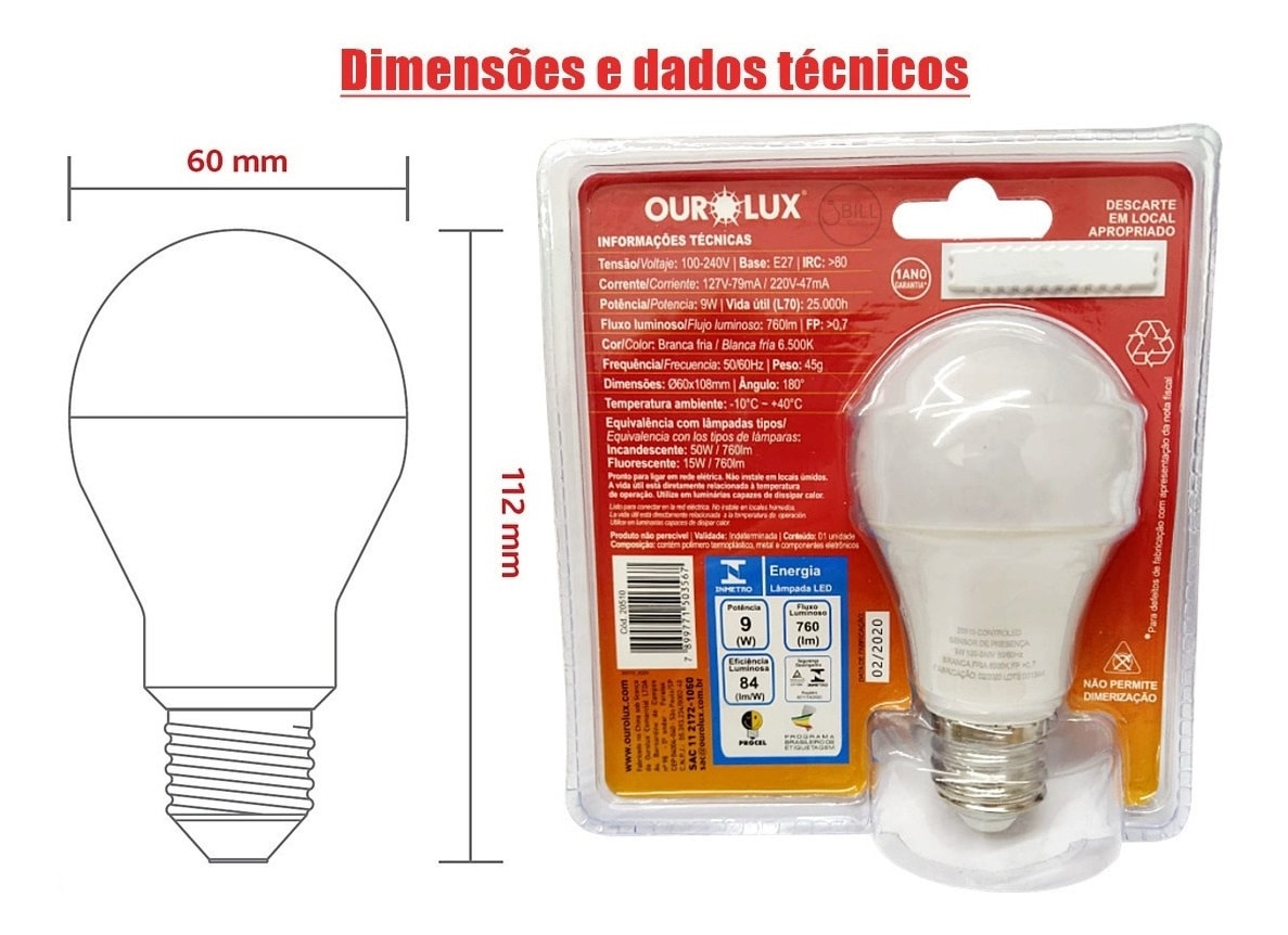 Lâmpada LED Ourolux Controle led Com Sensor de Presença 9w 6500k - 20510