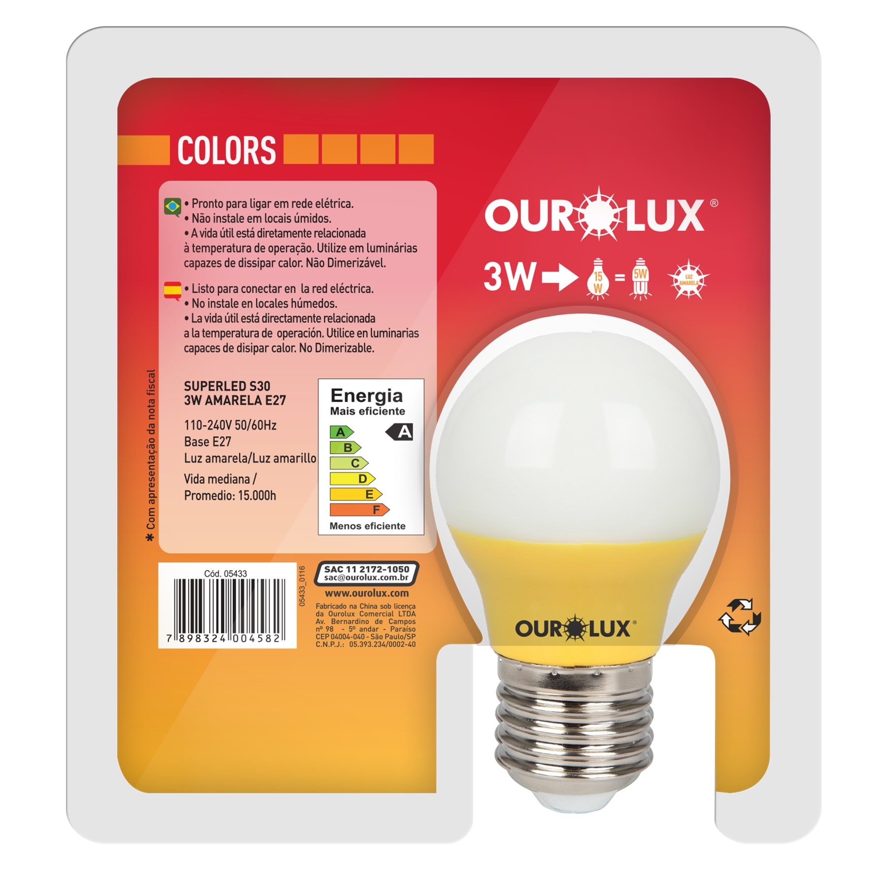 Lâmpada LED Ourolux Superled S30 Colors 3W Amarela Bivolt - 05433