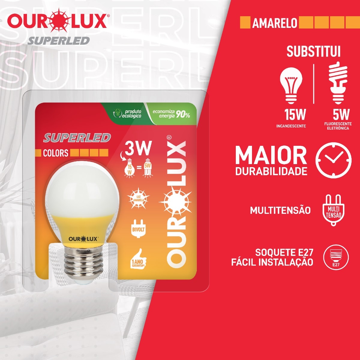 Lâmpada LED Ourolux Superled S30 Colors 3W Amarela Bivolt - 05433