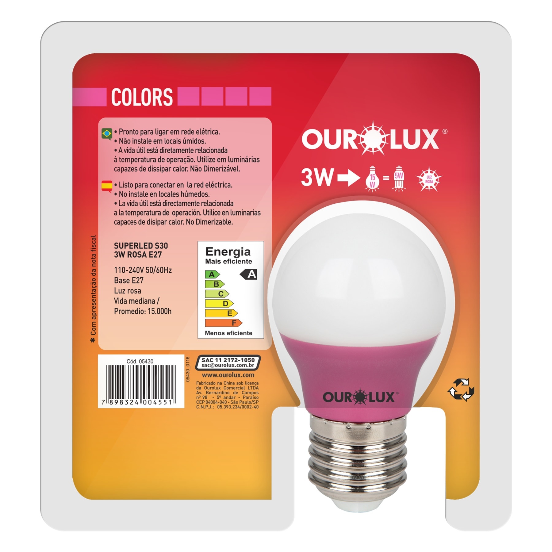 Lâmpada LED Ourolux Superled S30 Colors 3W Rosa Bivolt - 05430