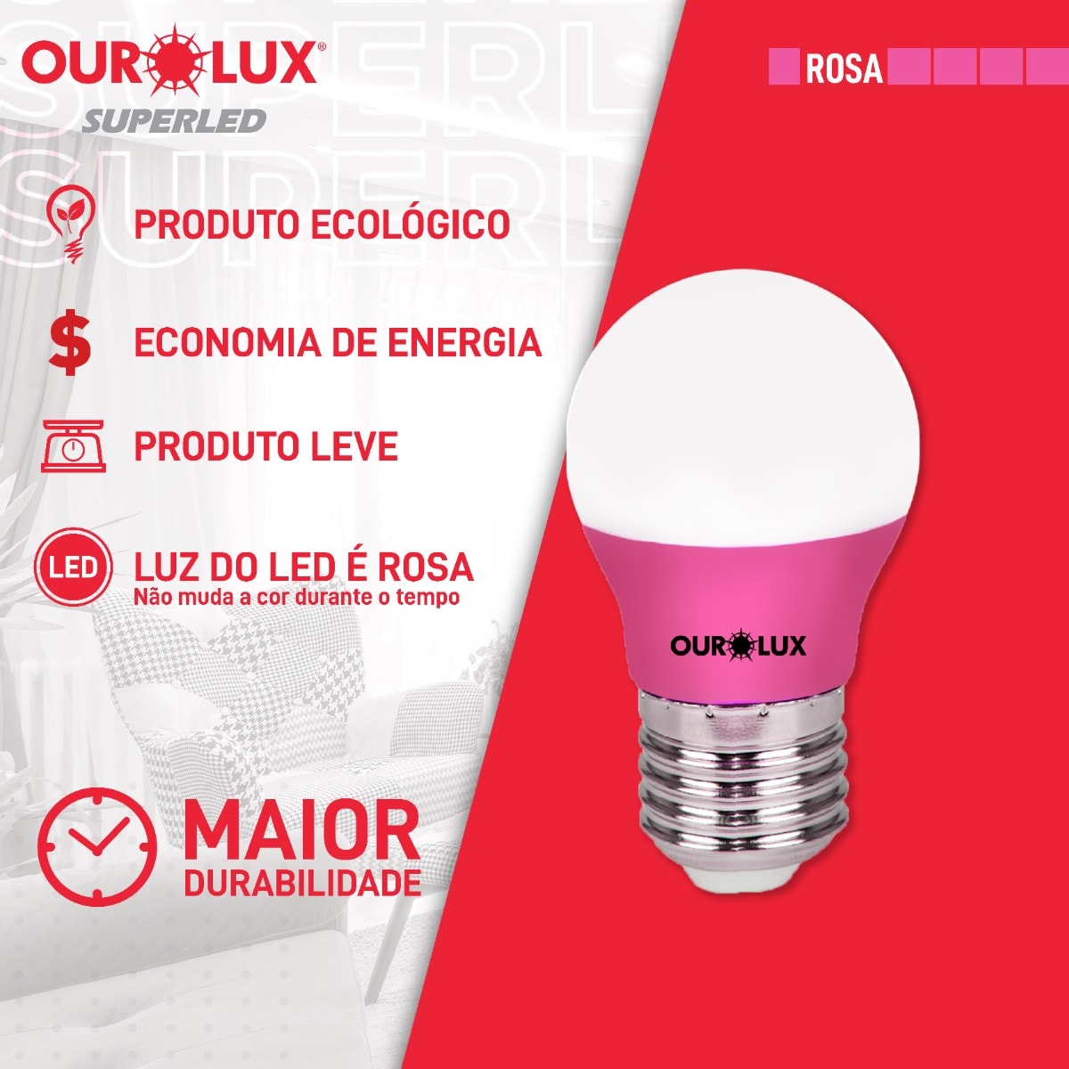 Lâmpada LED Ourolux Superled S30 Colors 3W Rosa Bivolt - 05430
