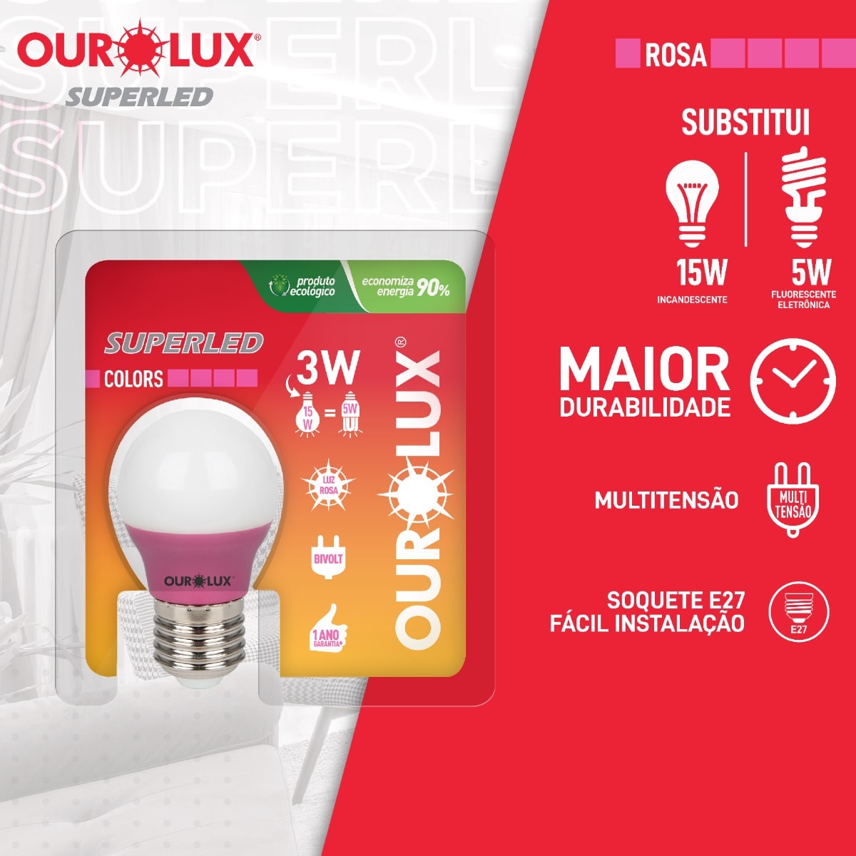 Lâmpada LED Ourolux Superled S30 Colors 3W Rosa Bivolt - 05430
