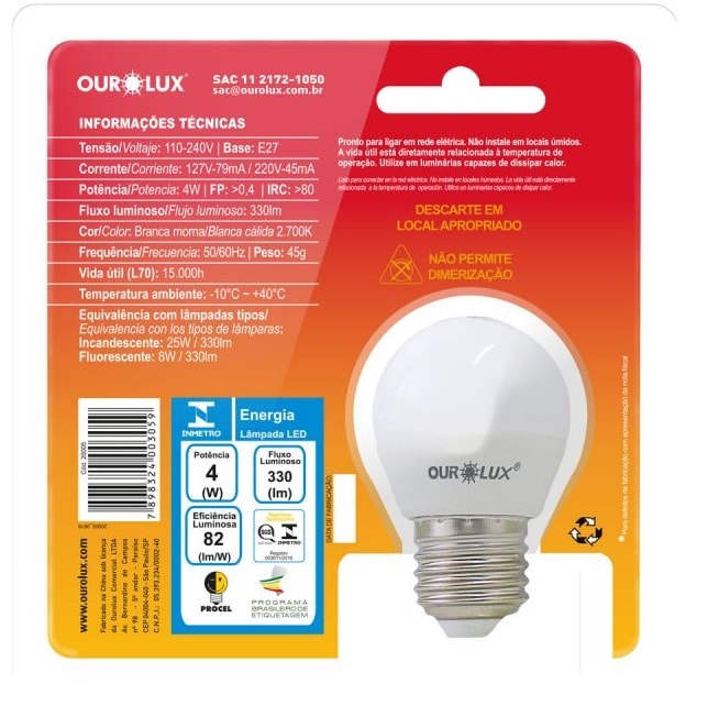 Lâmpada LED S30 Ourolux Superled Bolinha 4w 2700k - 20005