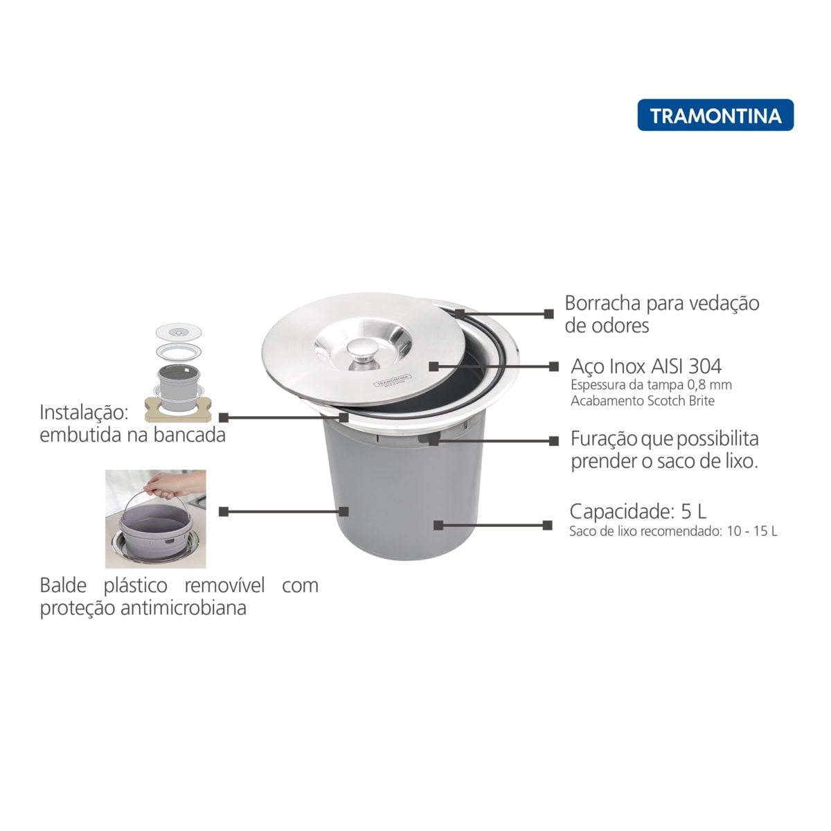 Lixeira de Embutir Tramontina Clean Round Tampa Inox 5L - 94518005