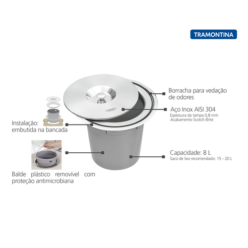 Lixeira de Embutir Tramontina Clean Round Tampa Inox 8L - 94518000