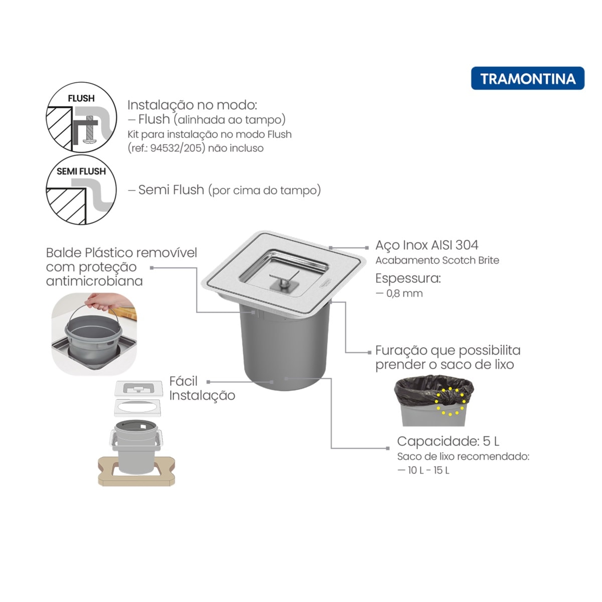 Lixeira de Embutir Tramontina Clean Square Tampa Inox 5L - 94518205