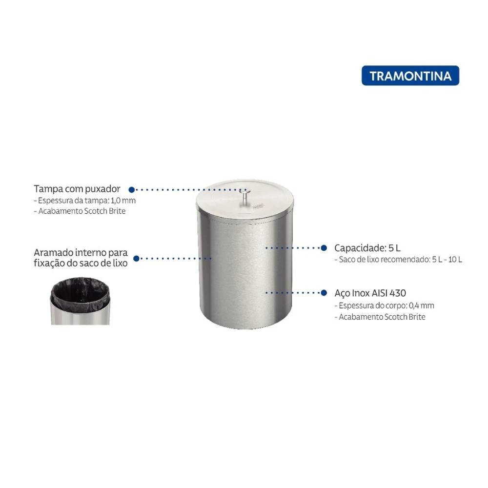 Lixeira Inox Tramontina Útil Scotch Brite 5L - 94540036