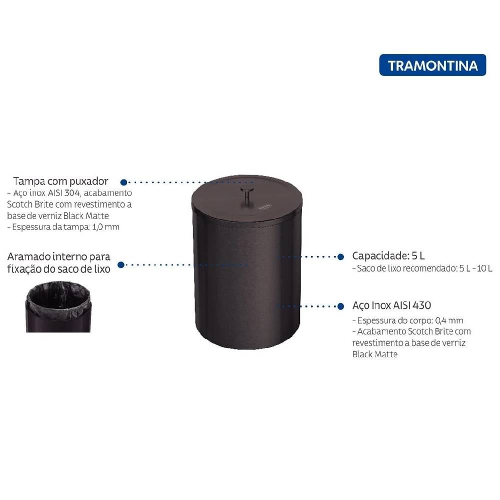Lixeira Inox Tramontina Útil Scotch Brite Black Matte 5L - 94540084