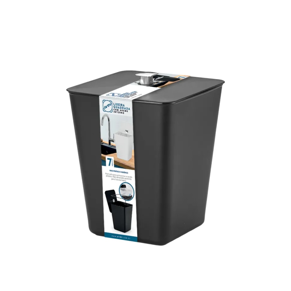 Lixeira Quadrada Arthi Preta 7L Com Tampa e Aramado Interno - 5091