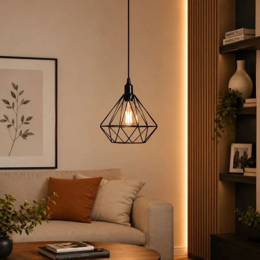 Luminária Pendente ARS Aramado Diamante E27 Preto - 156