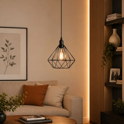 Luminária Pendente ARS Aramado Diamante E27 Preto - 156