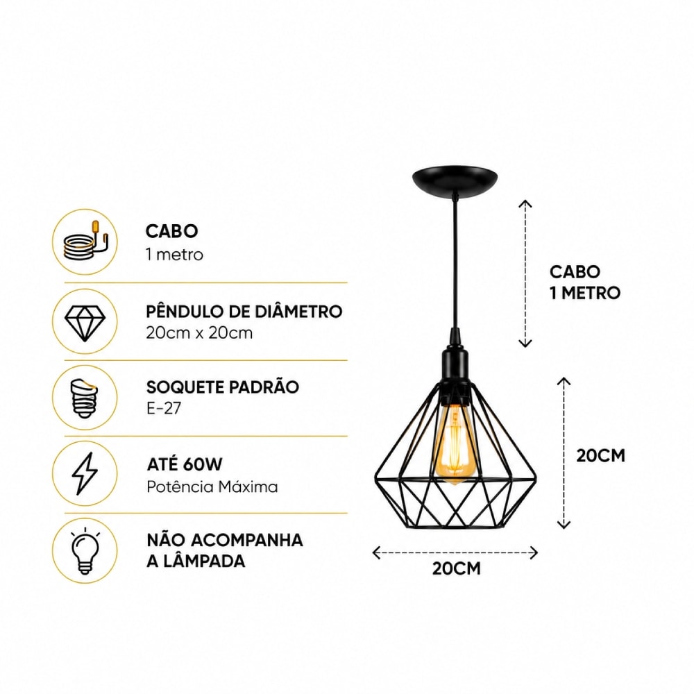 Luminária Pendente ARS Aramado Diamante E27 Preto - 156