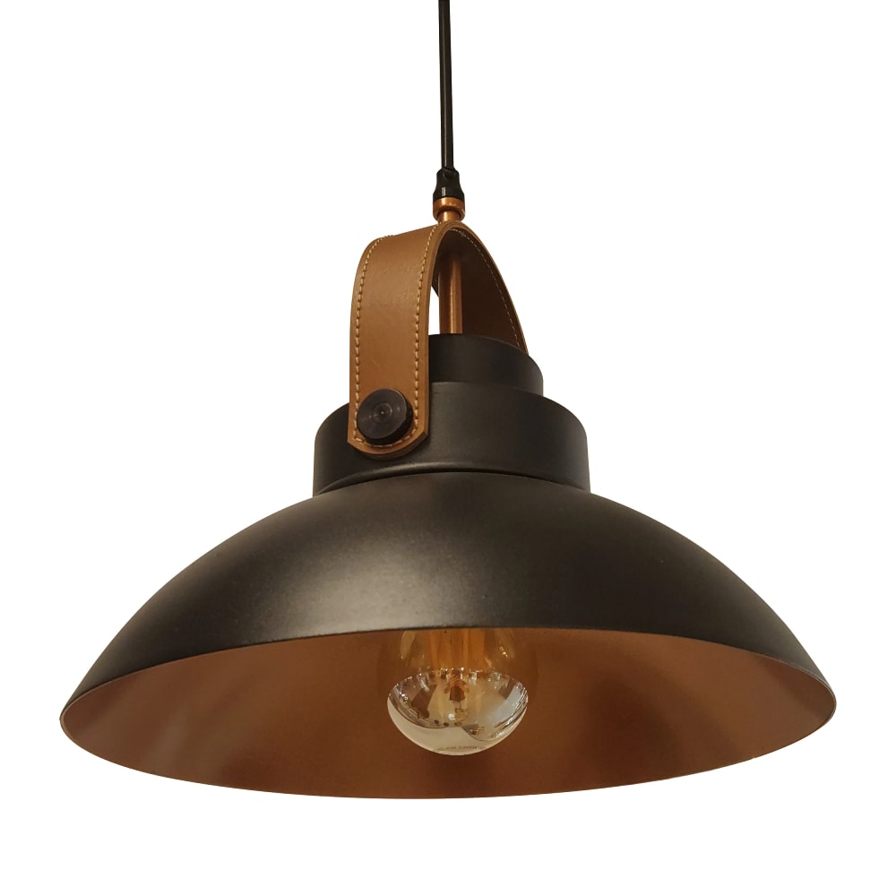 Luminária Pendente Nobre Liano P 26,5x27cm Preto Fosco com Cobre e Alça em Couro - 0230
