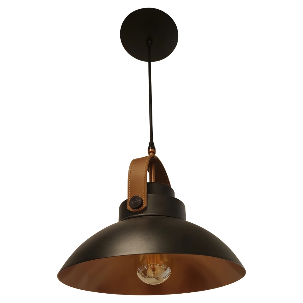 Luminária Pendente Nobre Liano P 26,5x27cm Preto Fosco com Cobre e Alça em Couro - 0230